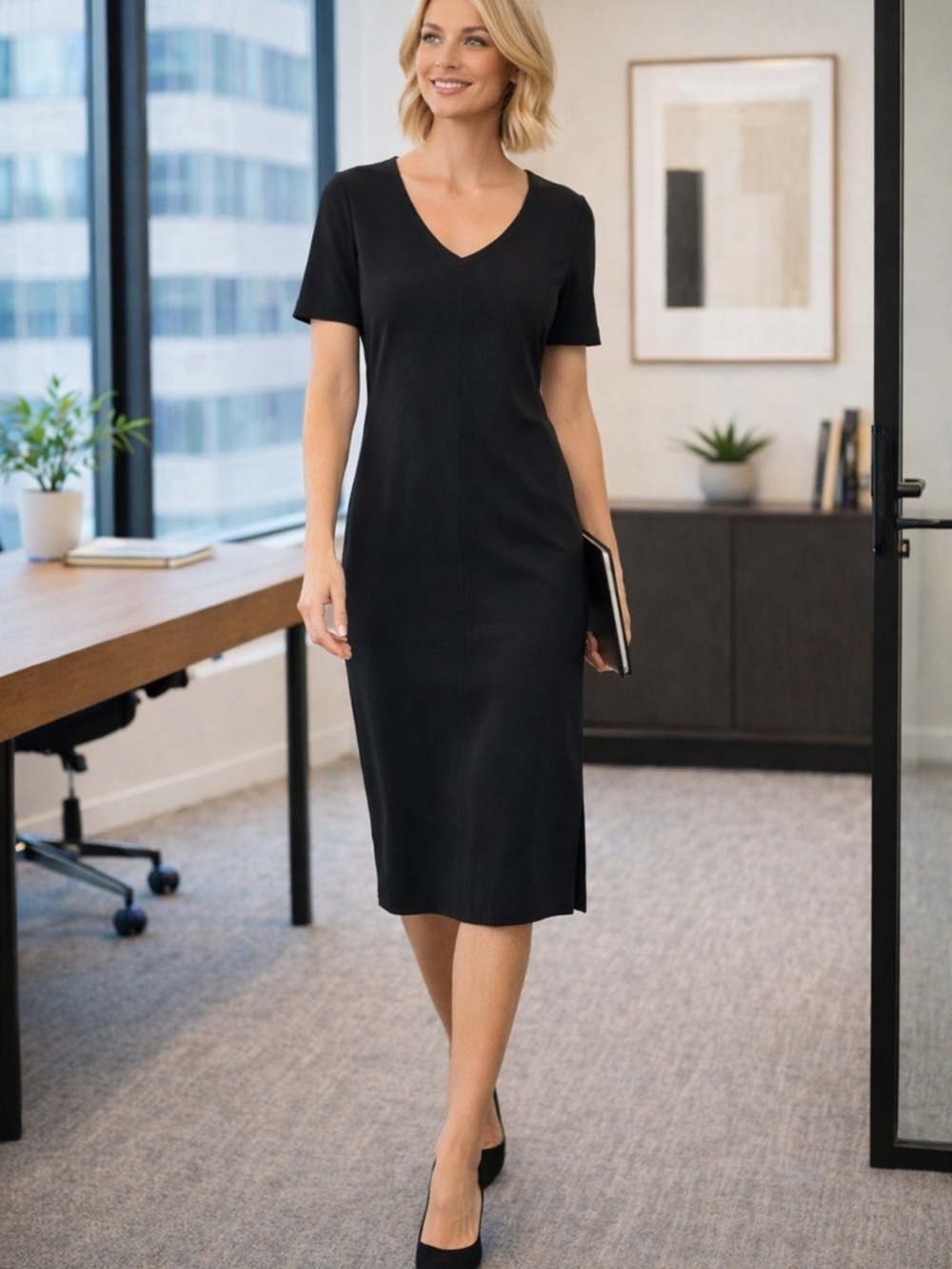 CAbi Little Black Dress Midi V-Neck Short Sleeve Hidden Zip Career Workwear 14